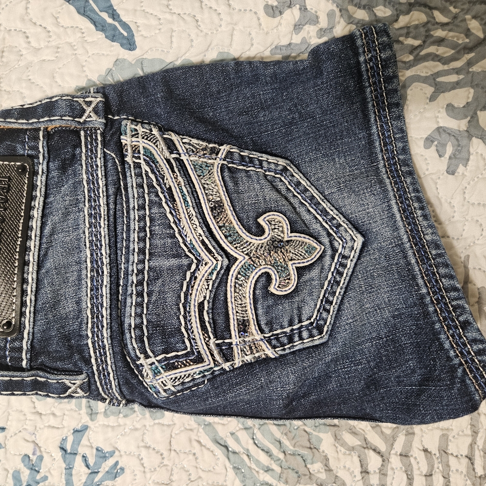 Rock Revival Blue Jean Shorts with Intricate Embroidery